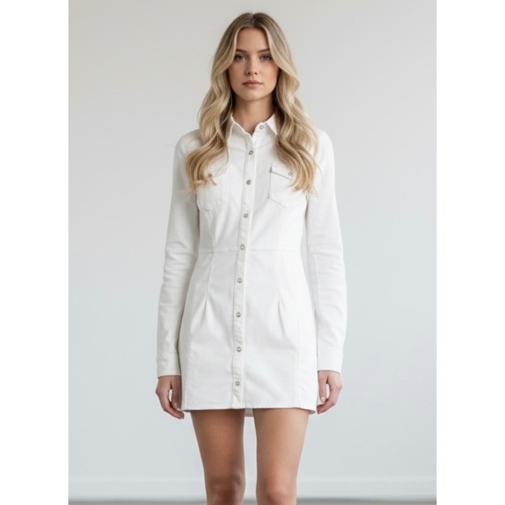 Free People White Denim Button Front Mini Dress Long Sleeve Collared Size M